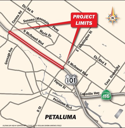 Map showing the project area where carpool lanes were added on Highway 101 between Corona Road and Lakeville Highway (State Route 116) in Petaluma.