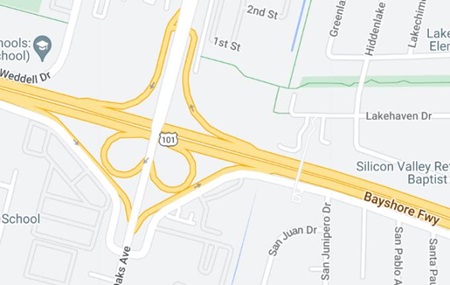 Map of the location of ramp closure on Southbound US-101 off-ramp to Northbound Fair Oaks avenue, in the City of Sunnyvale, Santa Clara County.