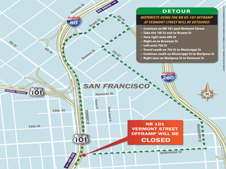 Map showing detour route for Vermont Street Exit closure on August 22, 2022. During the Vermont St. exit closures, motorists on NB 101 are advised to use the 7th St. offramp and proceed to Bryant St.  Motorists will then take a right on to 6th St, a right on to Brannon St., and a left on to 7th St. Travel South on 7th St. and continue to Mississippi St. Proceed down Mississippi St. and take a right turn on to Mariposa St. Drive down Mariposa St. and take a right turn on to Vermont St. 