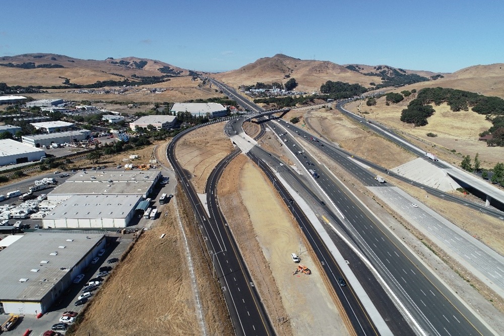 Aerial view of the newly-constructed I-80/I-680/SR-12 interchange in Fairfield