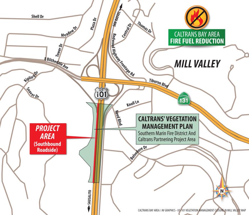 Map showing location of vegetation reduction work in Mill Valley at East Blithedale Avenue on-ramp.