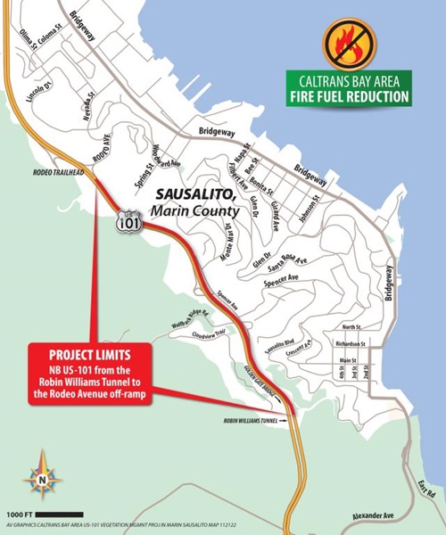 Map showing the location of the Vegetation Reduction Project near Sausalito, CA.