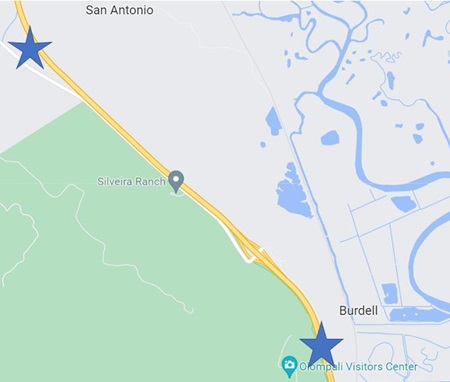 Map showing the area of the right lane closure on US-101 Northbound. The construction area starts near Burdell in unincorporated Marin County to just south of San Antonio Road on US-101.