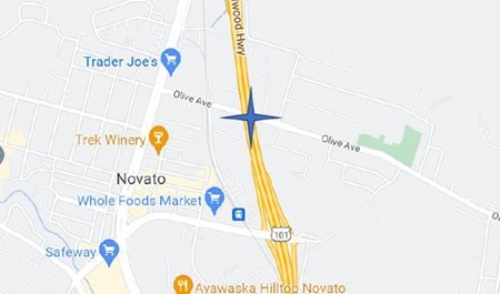 Map showing the location of the closure of Olive Avenue at US-101 in Novato, Marin County.