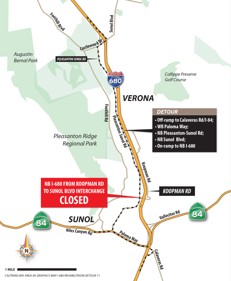 Map showing the Jaunary 2023 closure of NB I-680 between SR-84 and Sunol Blvd.