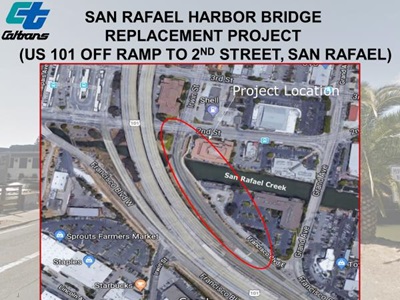 Image showing the area affected by the lane closures for the Harbor Bridge Replacement Project on the northbound 101 off-ramp to Central San Rafael, Marin County.