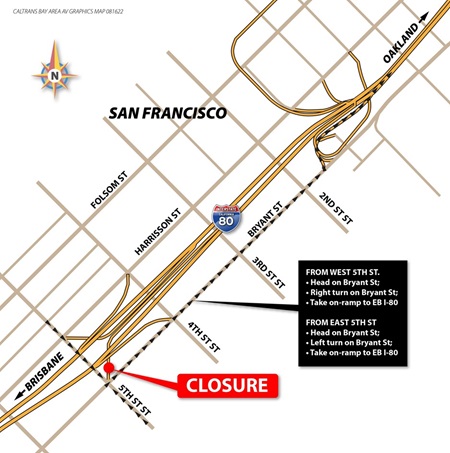 Map showing the location of the EB I-80 5th St. Onramp closure on August 17th and 18th, 2022.