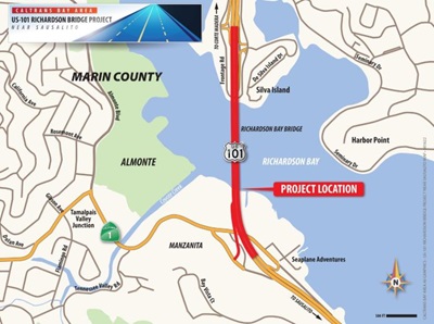 Map showing the location on US 101 of the Richardson Bridge Project in Marin County.