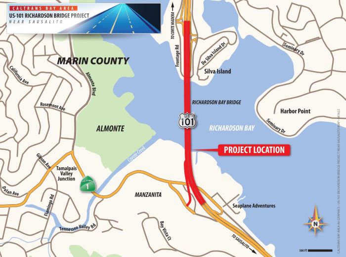 Map showing the location on US 101 of the Richardson Bridge Project in Marin County.