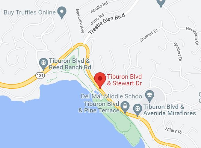 Map showing the location of the construction to install a new Pedestrian Hybrid Beacon (PHB), restripe the intersection and remove the existing flashing beacons at Tiburon Boulevard and Stewart Drive in Tiburon (Marin County).