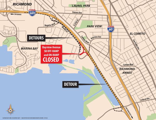 Map showing  the location of the temporary closure of  the Eastbound I-580 Bayview on and off-ramps, in the City of Richmond.