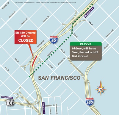 Map showing the location of the 8th Street on-ramp for Eastbound I-80 that will be closed nightly August 1st through 7th. During the closure, motorists are encouraged to use the EB I-80 onramp at 5th St.