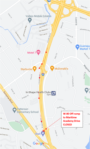 Map showing location of WB I-80 at Maritime Academy Dr. off-ramp that will be closed starting at 9:00 P.M., Friday, September 9