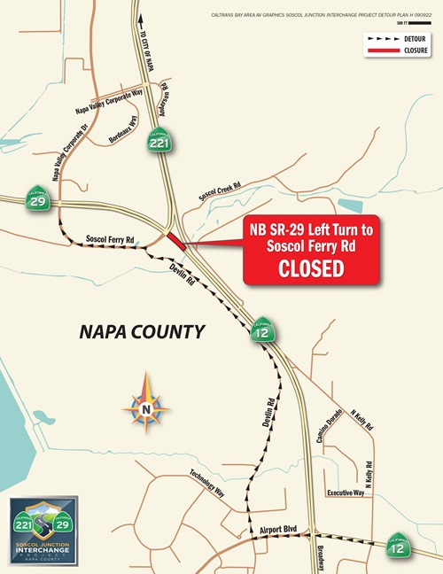 Map showing the location of NB SR-29 access to Soscol Ferry Road near Napa set to close on Thursday, Sept. 15 as part of the State Route 29/ 221 Soscol Junction Interchange Project.