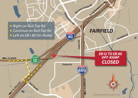 Map showing location of Eastbound SR-12 ramp to Eastbound I-80 that will be closed beginning at 7pm on September 21, 2022. Motorists traveling on EB SR-12 will need to turn right onto Red Top Rd. and back onto EB I-80 during the ramp closure. 