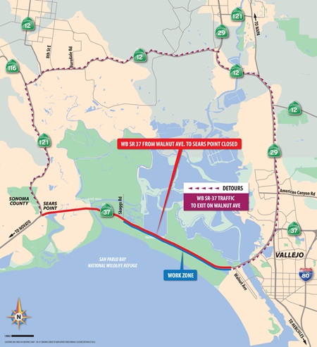 Map showing the location of the closure of westbound State Route 37 (SR-37) between Walnut Avenue in Vallejo and State Route 121 (SR-121) and the detour route utilizing State Route 12 (SR-12).