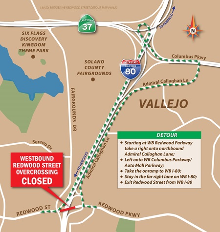Map of Route of Westbound Detour for Redwood Street Overcrossing Closure