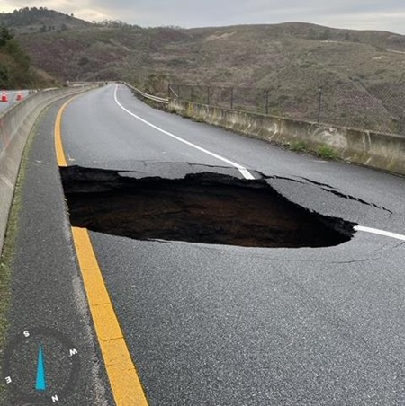 Photo of the storm related sinkhole on State Route 92 in San Mateo. Taken January 12, 2023.