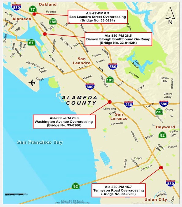 Map showing the four locations of the bridge rail improvement project in Alameda county.