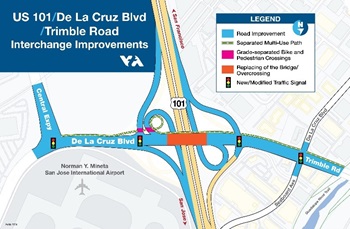 Map showing De La Cruz Blvd/Trimble Road Interchange improvements.