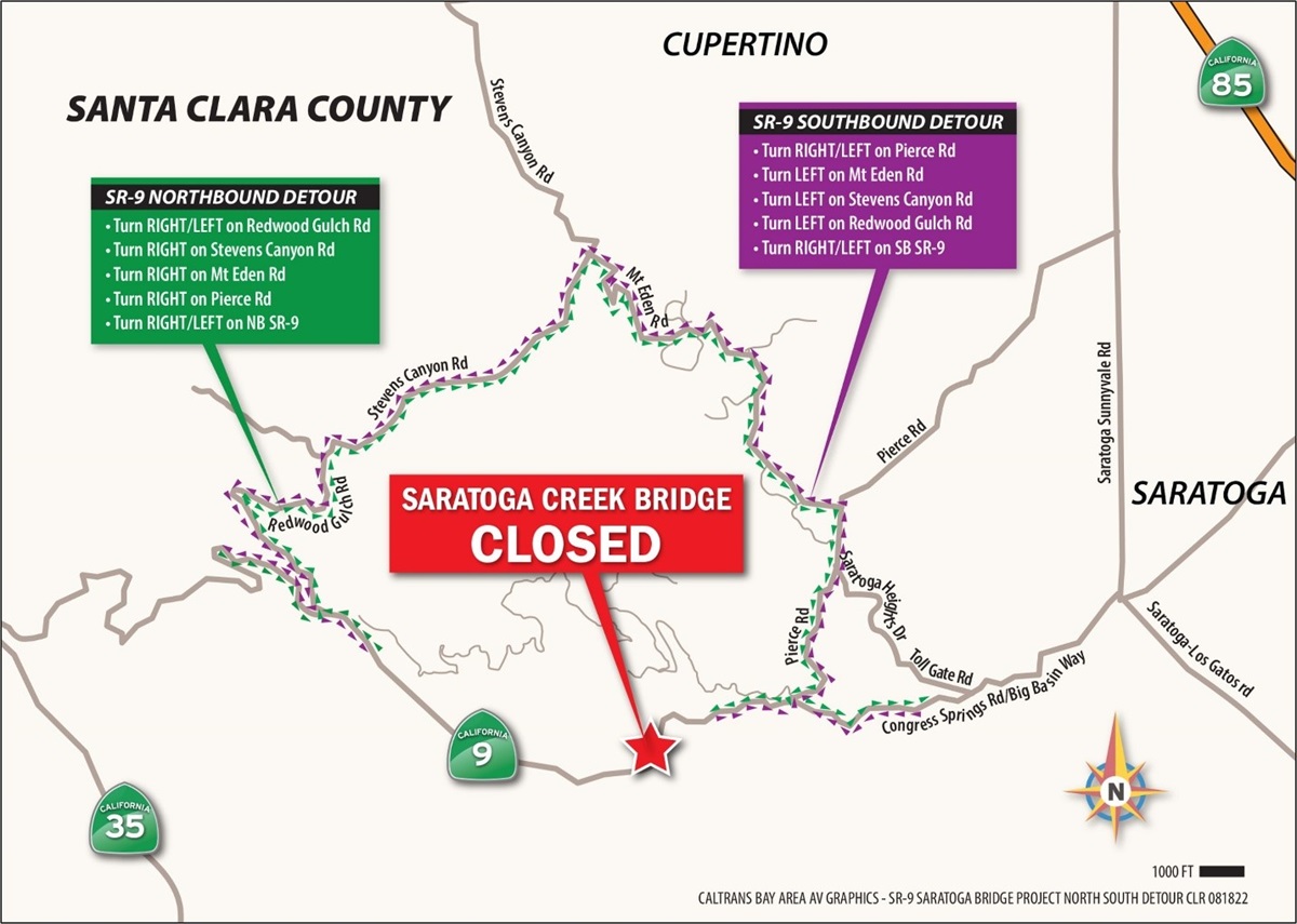 Map showing northbound and southbound detour routes for the closure of State Route 9 at the Saratoga Creek Bridge in Santa Clara County.