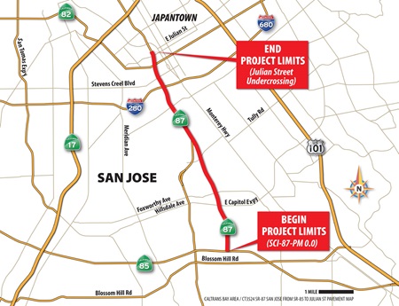 Map of the State Route 87 Pavement Improvement project area. The project includes the stretch of State Route 87 between State Route 85 and the Julian Street undercrossing in San Jose.