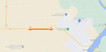 Map showing the location of the scheduled pavement rehabilitation work and drainage crossing reconstruction on State Route 12 (SR-12) between the McCloskey Road and Azevedo Road in Rio Vista.