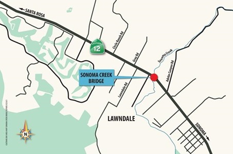 Map showing the location of Sonoma Creek Bridge on State Route 12 in Sonoma County, California.