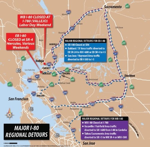 Map showing the closures and detour routes related to the Interstate 80 repaving project in Contra Costa county.