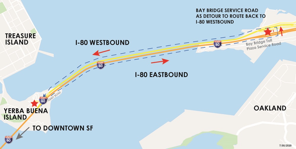 Map showing the detour route for the Yerba Buena Island Exit closure.