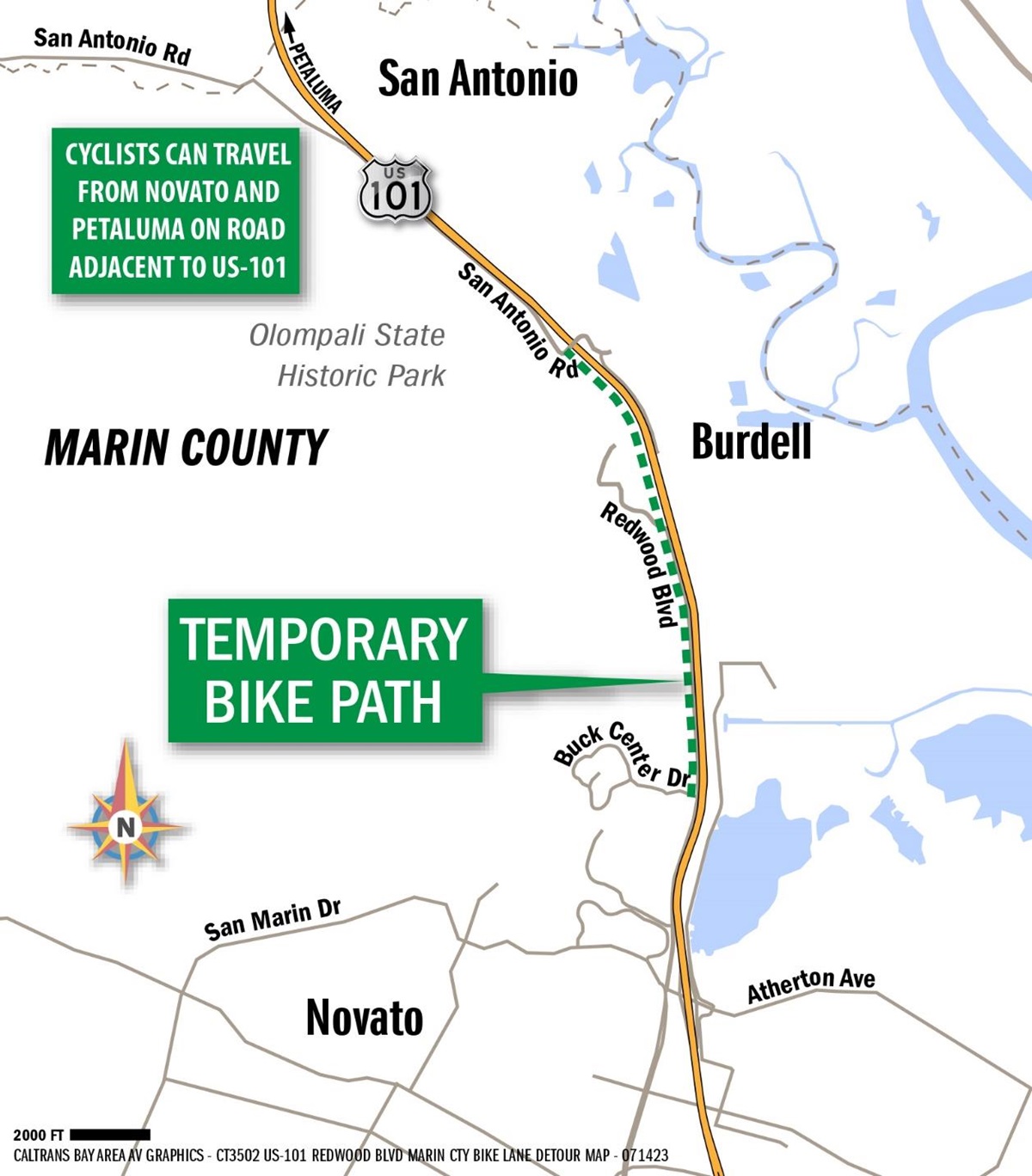 Map showing the location of the temporary bike path on Redwood Blvd. near Novato, Marin County.