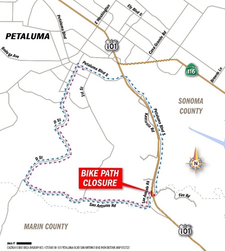 Map showing the construction area around US 101 and San Antonio Road in Marin County, CA. Map includes the bike path detours outlined in the traffic advisory.