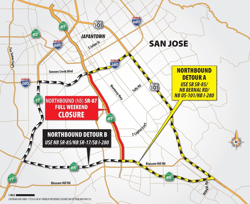 Map of the northbound detour routes for the SR-87 paving project closures. Drivers are advised to use either US-101 or SR-17 as an alternative route during the closure.