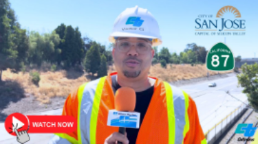 Screenshot of project video advisory. Image shows a Caltrans information officer standing near Highway 87 in Santa Clara County.