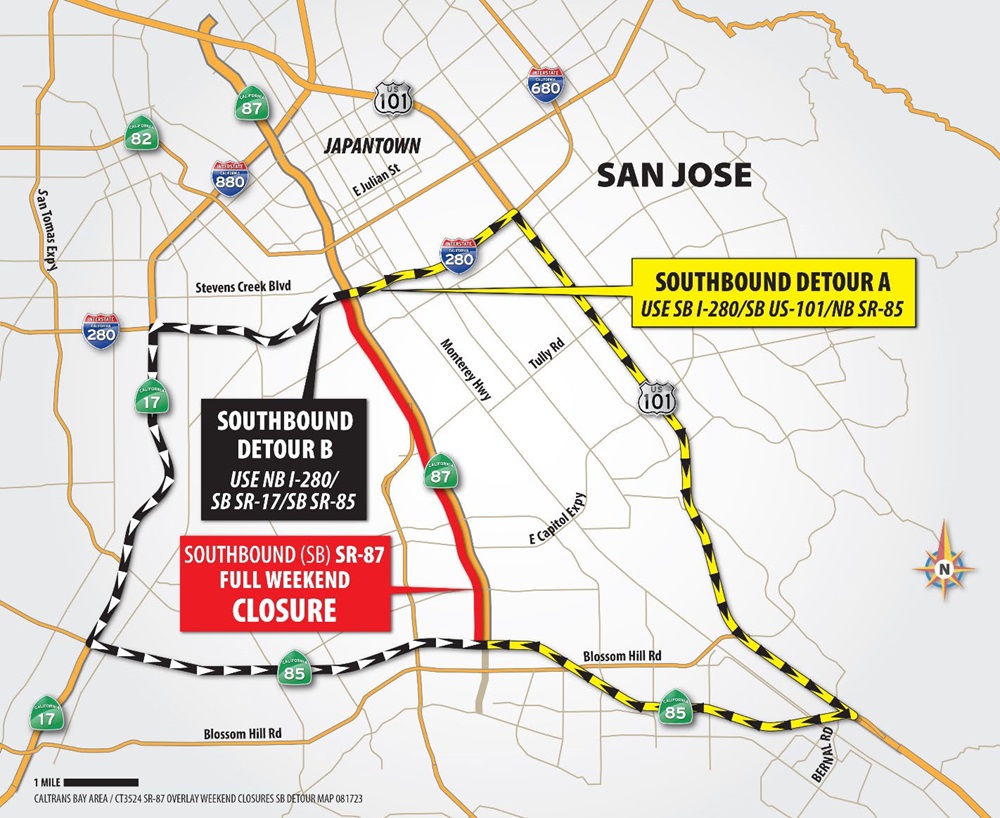 Map of the southbound detour routes for the SR-87 paving project closures. Drivers are advised to use either US-101 or SR-17 as an alternative route during the closure.