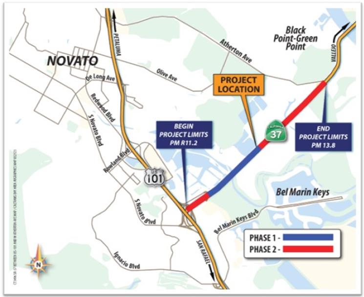 Project limit map of State Route 37 Flood Reduction Project in Marin County.