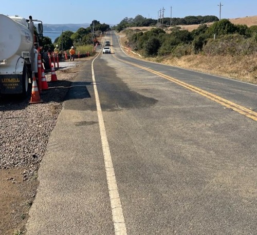 Photo of State Route 1 in Marin County near Tomales Bay where Caltrans has been repairing storm damage. 