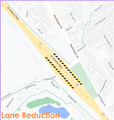 Map showing the location for the NB/SB State Route 29 Lane Reduction for bridge barrier replacements in Yountville.