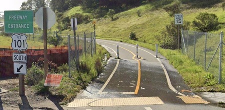 Picture of the Redwood Boulevard bike path near the entrance to southbound US 101 in northern Marin County.