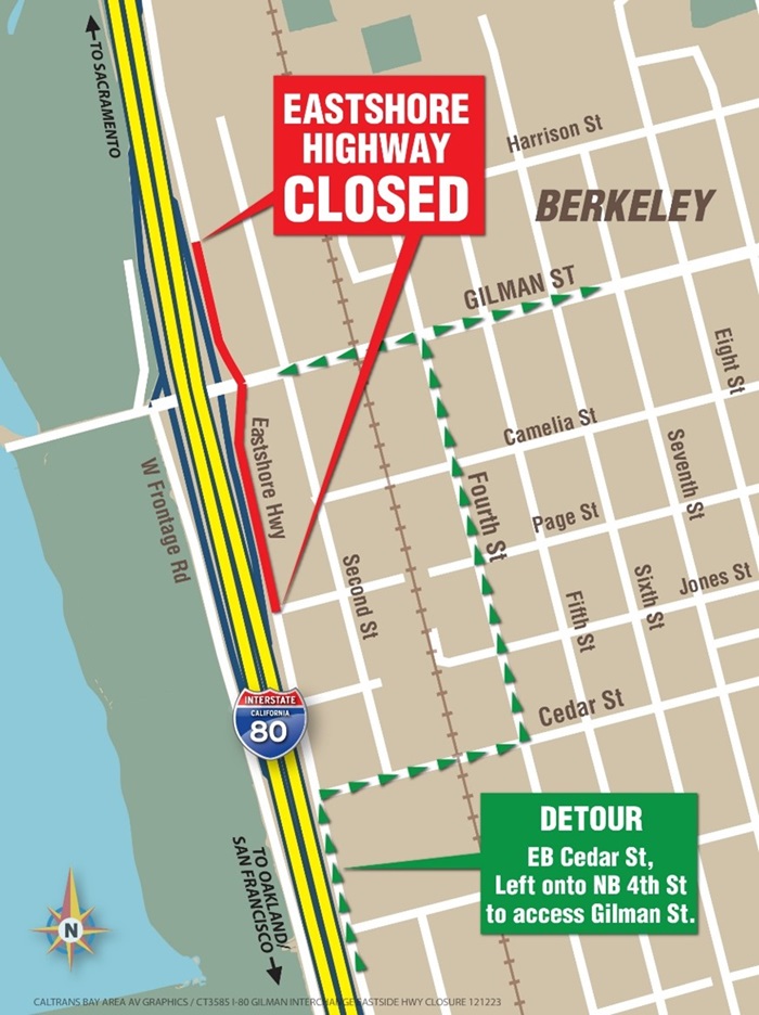 Map showing the closure area on Eastshore Highway in Berkeley at Gilman Street. Motorists, pedestrians and bicyclists heading northbound on Eastshore Highway should detour onto eastbound Cedar Street, then turn left onto northbound Fourth Street to access Gilman Street.