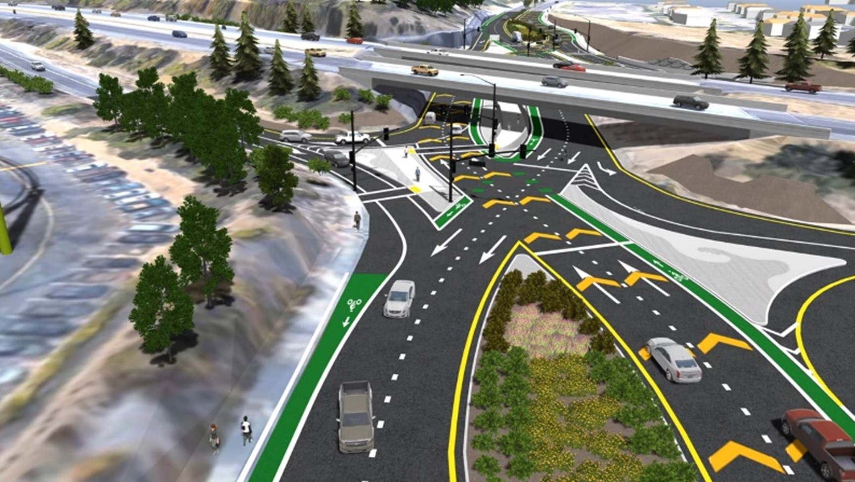 Rendered image of the State Route 37/Fairgrounds Drive  Diverging Diamond Interchange Project upon completion in Vallejo, Solano County.