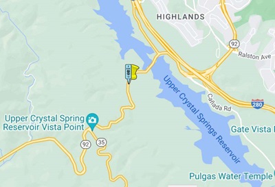 Map showing the location of where tree work will be done on State Route 92 near Crystal Springs Reservoir on Tuesday, January 16, 2024 thru Friday, January 19, 2024.