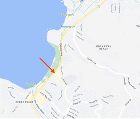 Map showing the location of the lane closure on Northbound State Route 1 near the Crespi Park-n-Ride in Pacifica.