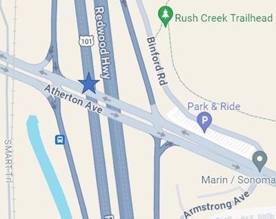 Map showing the location of the on-ramp and off-ramp overnight closures on southbound US-101 at Atherton Ave. in Marin County.