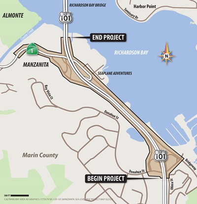 Map of area where the California Department of Transportation (Caltrans) proposes to enhance access and mobility by addressing recurring flooding and sea-level rise impacts that affect State Route 1 (SR-1), US-101 and the Manzanita Park and Ride lot in the Richardson Bay area. The proposed project area starts on US 101 to the south of the Donahue Street exit and continues northward to the Richardson Bay Bridge on US 101 and along State Route 1 before Coyote Creek.
