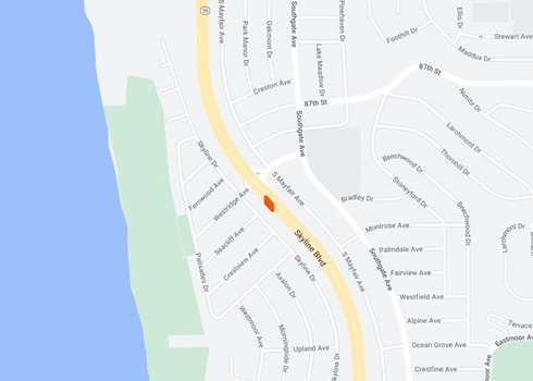 Map showing the location of the sinkhole one of the southbound lanes of State Route 35 near Westridge Avenue in Daly City.