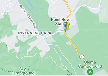 Map showing the location of the Lagunitas Creek Bridge on State Route 1 just south of Point Reyes Station in Marin County.