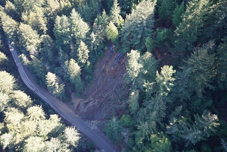 Photograph of a landslide next to State Route 9 in Santa Clara County.