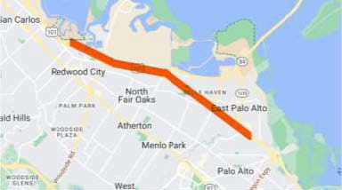 Map of overnight lane closures for pavement work on Southbound U.S. 101 from Whipple Ave to San Mateo/Santa Clara County Line