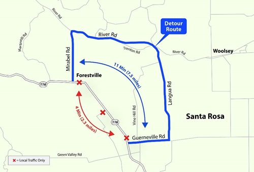 Map of detour route for three day closure on Route 116 in Forestville, Sonoma County